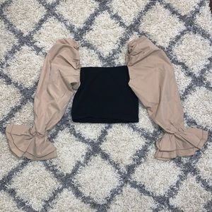 NWOT black crop top with beige puffy sleeves
